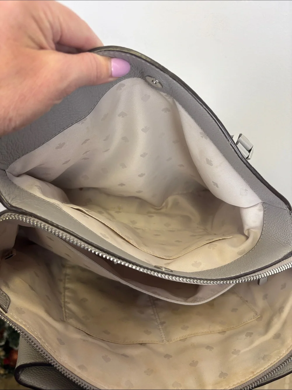 Kate Spade Monet Large Triple Compartment Tote Gray Pebbled Leather Shoulder Bag